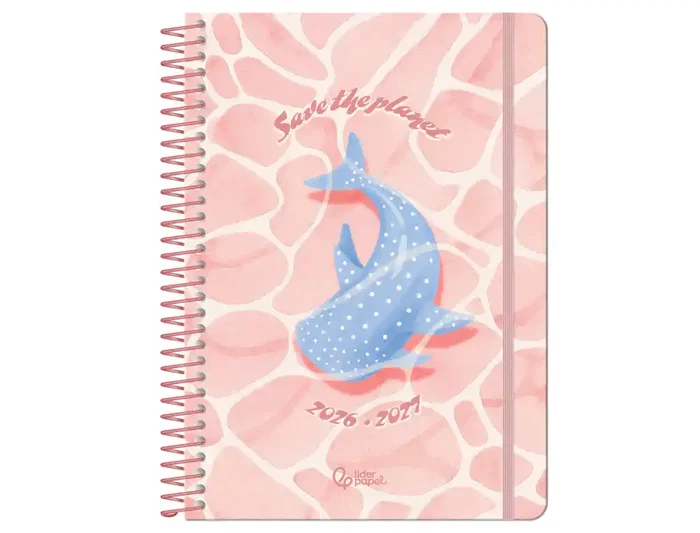 Liderpapel Agenda Escolar Colección Fantasy 2026-2027 A5 Día Página Espiral, Papel FSC 80g, Interior Bilingüe, Con Gomilla y Pegatinas - Rosa Save the Planet