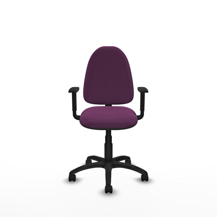 Silla de oficina Aýna con mecanismo Contacto permanente básico tapizada con Similpiel color Morado. Equipada con Base poliamida negra, Brazos 1D y Ruedas de nailon 50 mm