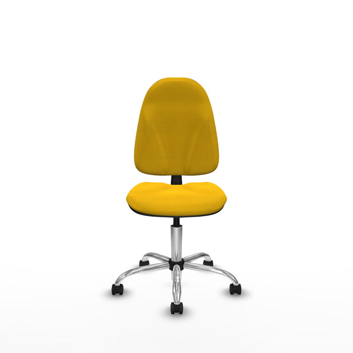 Silla de oficina Algarra con mecanismo Contacto permanente básico tapizada con Tela color Amarillo. Equipada con Base cromada, Sin brazos y Ruedas autofrenantes