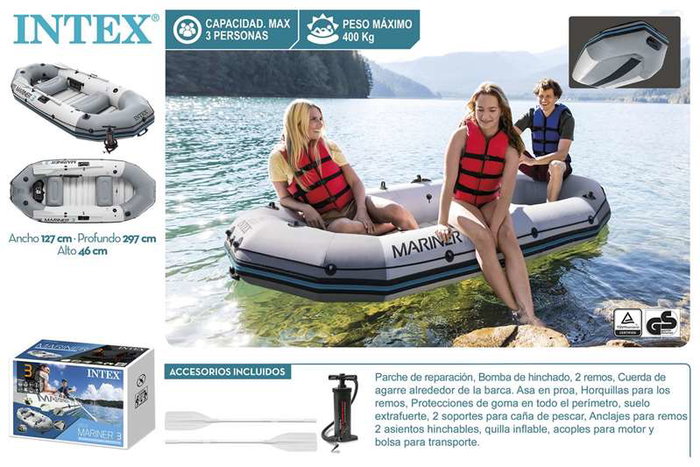 Intex Barco Mariner 3 Personas con 2 Remos de Aluminio y Bomba - 297x127x46cm