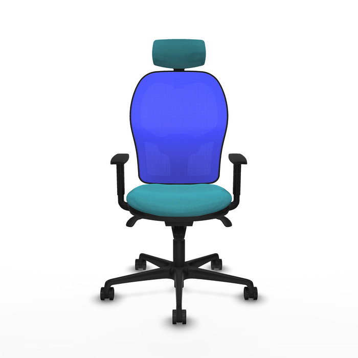 Silla de oficina Jorquera con mecanismo Sincro tapizada con Tela color Turquesa y malla color Azul. Equipada con lumbar 1D, Brazos 1D, Cabecero 2D y Ruedas 65mm nailon