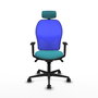 Silla de oficina Jorquera con mecanismo Sincro tapizada con Tela color Turquesa y malla color Azul. Equipada con lumbar 1D, Brazos 1D, Cabecero 2D y Ruedas 65mm nailon