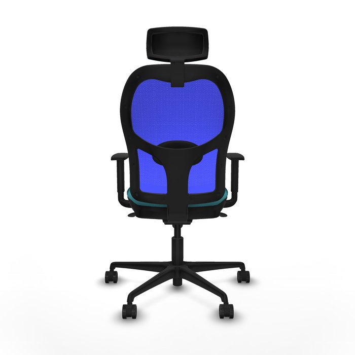 Silla de oficina Jorquera con mecanismo Sincro tapizada con Tela color Turquesa y malla color Azul. Equipada con lumbar 1D, Brazos 1D, Cabecero 2D y Ruedas 65mm nailon