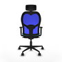 Silla de oficina Jorquera con mecanismo Sincro tapizada con Tela color Turquesa y malla color Azul. Equipada con lumbar 1D, Brazos 1D, Cabecero 2D y Ruedas 65mm nailon