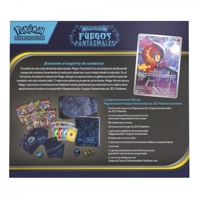 POKEMON JUEGO DE CARTAS Estuche Entrenador Elite Fuegos Fantasmales Cartas Latino