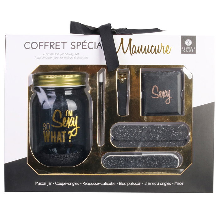 Cosmetic Club Tarro Kit Belleza 6 Piezas Cortaúñas, Cortacutículas, Bloque de Pulido, 2 Limas, Espejo