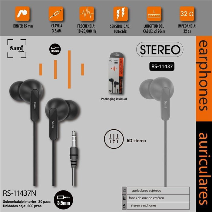 SAMI Auricular Sami silicona negro ergonómico jack 3.5m