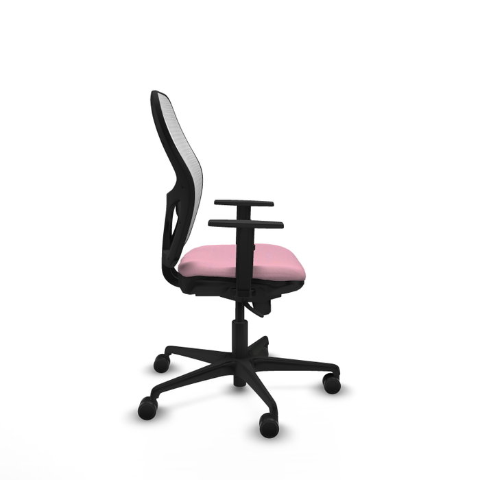 Silla de oficina Jorquera con mecanismo Sincro tapizada con Tela color Rosa y malla color Blanco. Equipada con lumbar 1D, Brazos 1D y Ruedas 65mm nailon