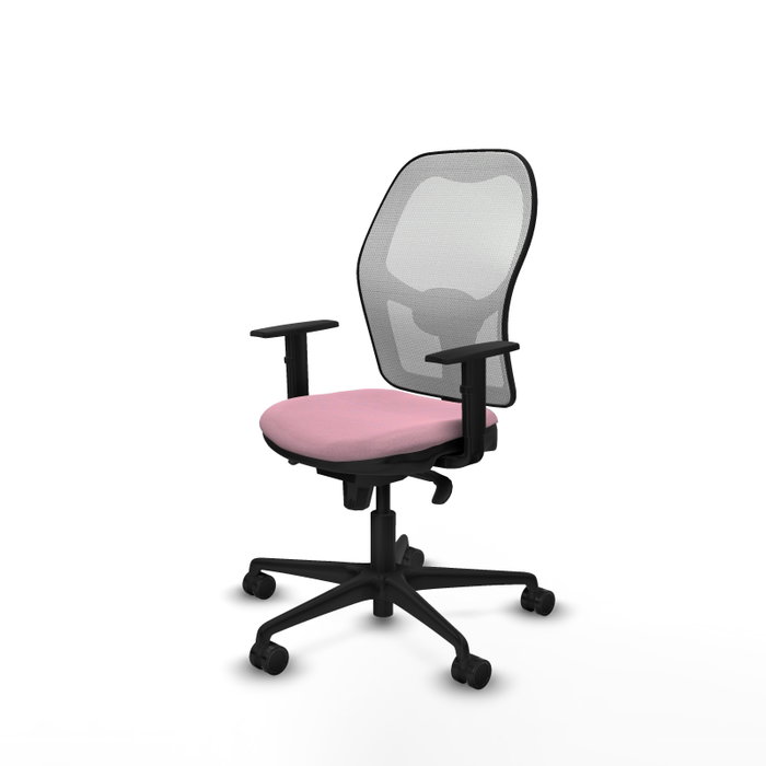 Silla de oficina Jorquera con mecanismo Sincro tapizada con Tela color Rosa y malla color Blanco. Equipada con lumbar 1D, Brazos 1D y Ruedas 65mm nailon