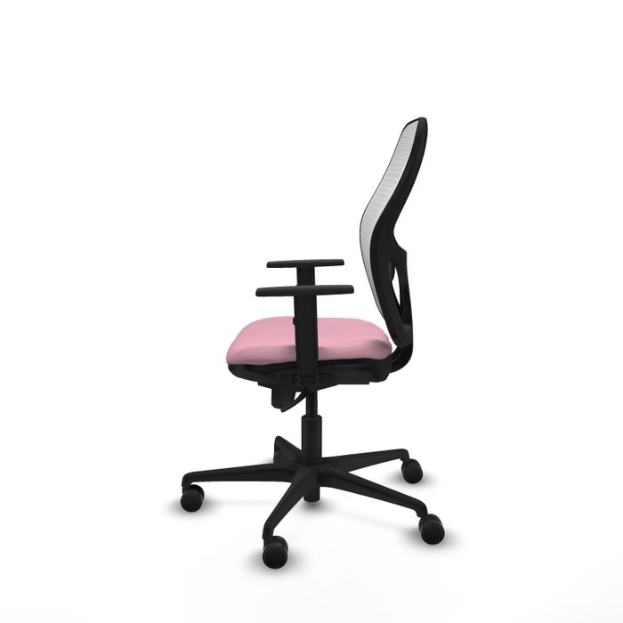 Silla de oficina Jorquera con mecanismo Sincro tapizada con Tela color Rosa y malla color Blanco. Equipada con lumbar 1D, Brazos 1D y Ruedas 65mm nailon