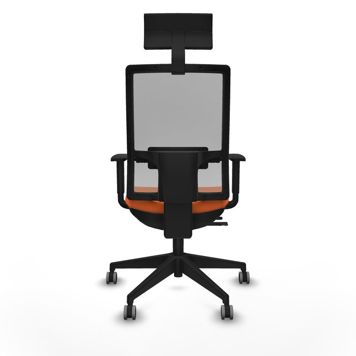 Silla de oficina Horna con mecanismo Sincro/Traslack tapizada con Tela color Naranja y malla color Gris. Equipada con lumbar 1D, Brazos 1D, Cabecero Fijo y Ruedas 65 mm parqué