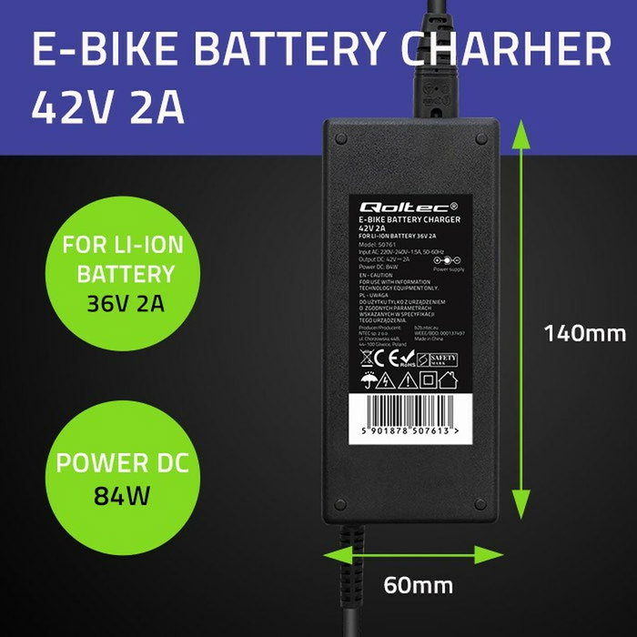 Qoltec Cargador para batería de bicicleta eléctrica 36V | 42V | 2A | 5.5*2.5 mm
