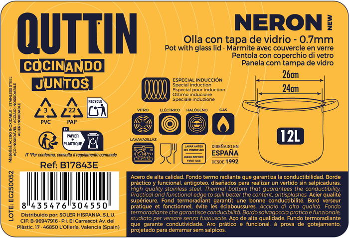 Inde Olla de Acero Inoxidable 26 cm (12L) "New Neron" (4 Unidades)