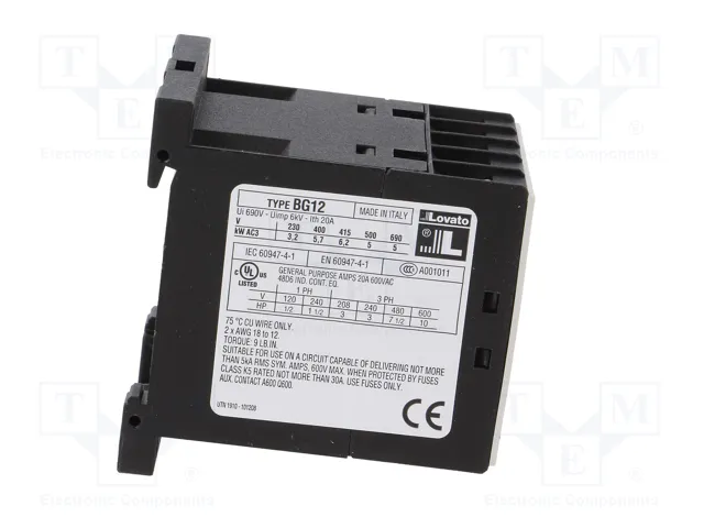LOVATO ELECTRIC Contactor BG 3-polar 12A 24VDC NC