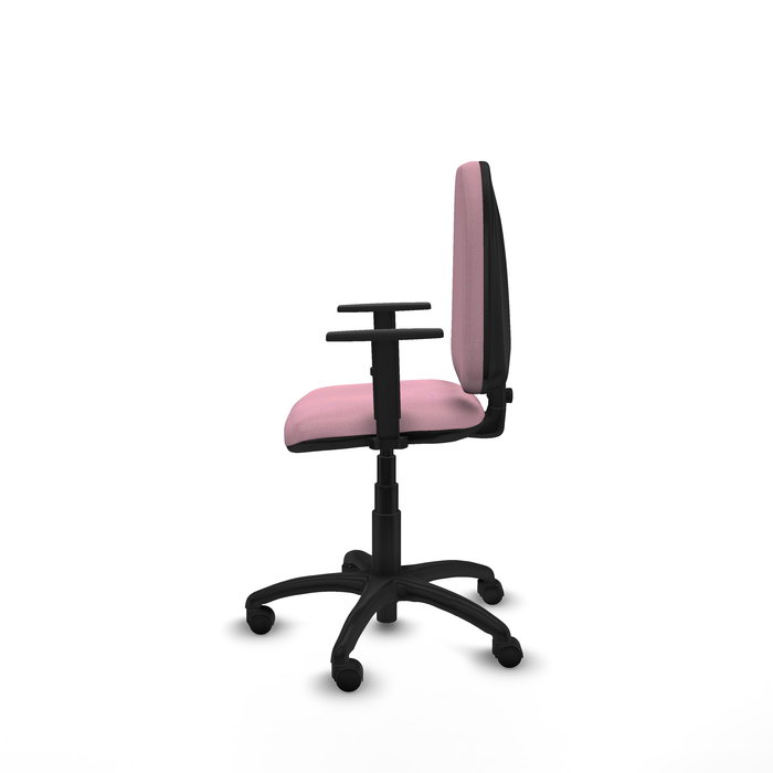 Silla de oficina Aýna con mecanismo Contacto permanente básico tapizada con Tela color Rosa. Equipada con Base poliamida negra, Brazos 1D y Ruedas de nailon 50 mm