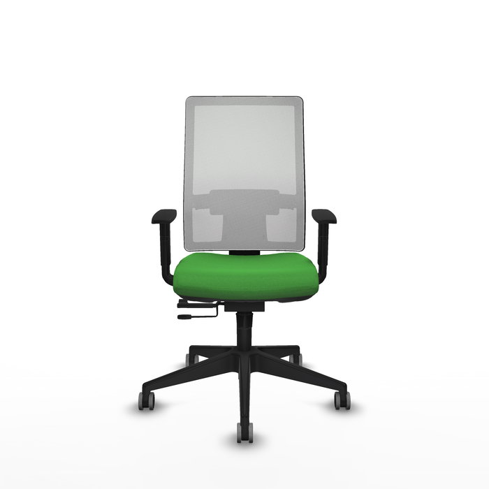 Silla de oficina Horna con mecanismo Sincro/Traslack tapizada con Tela color Verde y malla color Blanco. Equipada con lumbar 1D, Brazos 1D y Ruedas 65 mm parqué