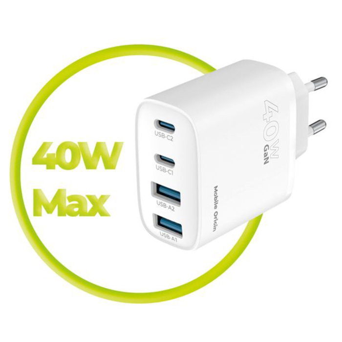 Mobile Origin PW22 Cargador GaN 40W 2x USB-C + 2x USB-A Blanco