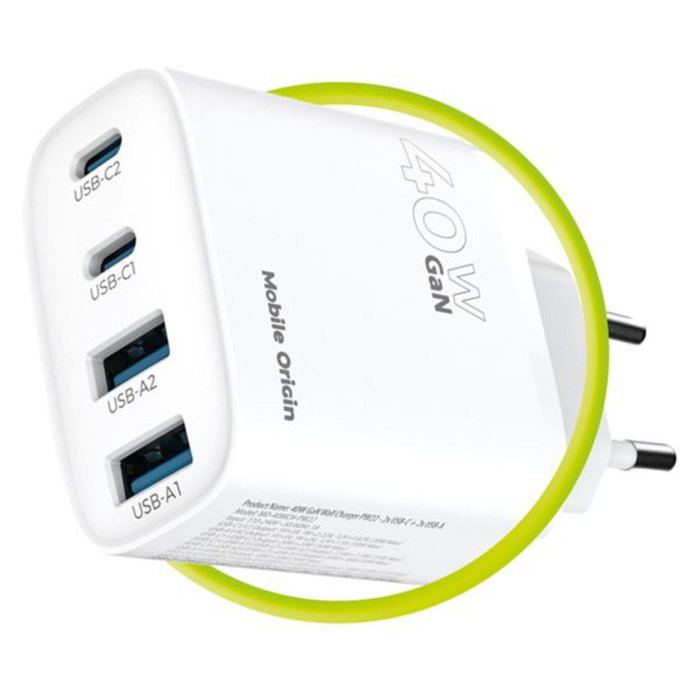 Mobile Origin PW22 Cargador GaN 40W 2x USB-C + 2x USB-A Blanco