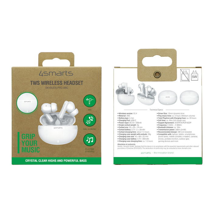 4smarts SkyBuds Pro Auriculares Inalámbricos con Cancelación Activa de Ruido (ANC) y Estuche Negro