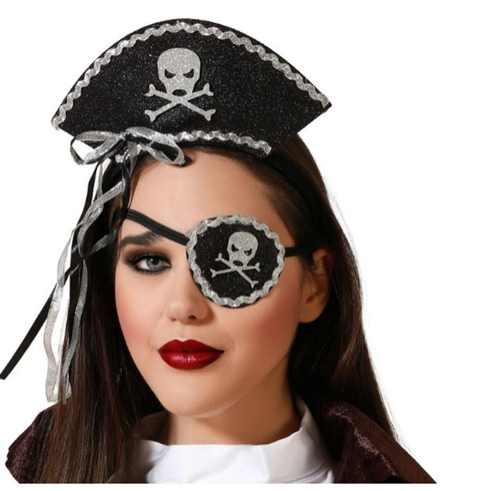 atosa Kit Disfraz Pirata - Diadema con Sombrero y Parche Negro Brillante con Lazo Plateado atosa Kit Disfraz Pirata - Diadema con Sombrero y Parche Negro Brillante con Lazo Plateado