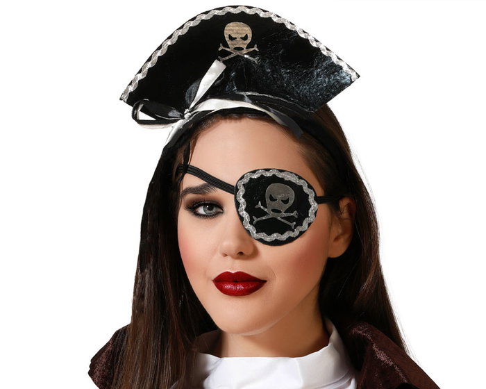 atosa Kit Disfraz Pirata - Diadema con Sombrero y Parche Negro Brillante con Lazo Plateado atosa Kit Disfraz Pirata - Diadema con Sombrero y Parche Negro Brillante con Lazo Plateado