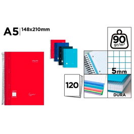 Cervantes Cuaderno A5 con espiral, tapa dura, 120 hojas cuadrícula 5 mm, colores surtidos