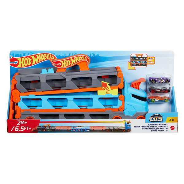 Mattel Camion de Transporte Hot Wheels Convertible en Pista de Coches con Lanzador Doble, Coches y Pista