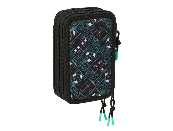 Safta Plumier Escolar Minecraft Triple Cremallera 37 Piezas con Pantalla, Dimensiones 195x125x55 mm
