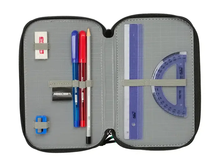 Safta Plumier Escolar Minecraft Triple Cremallera 37 Piezas con Pantalla, Dimensiones 195x125x55 mm