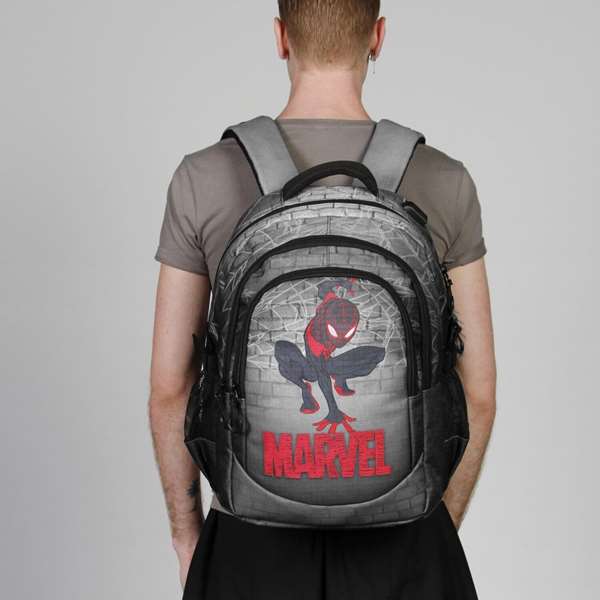 Karactermania Mochila Spiderman Run. Plus FAN Spin 44x34x21 cm, Gran Capacidad, 3 Compartimentos, Material Ripstop, Gris