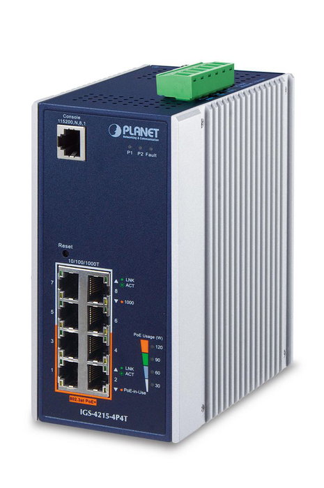Planet IGS-4215-4P4T Conmutador Gestionado Industrial Gigabit con 4 Puertos PoE+ 802.3at y 4 Puertos Gigabit, para Entornos Exigentes -40 a 75 grados C Planet IGS-4215-4P4T Conmutador Gestionado Industrial Gigabit con 4 Puertos PoE+ 802.3at y 4 Puertos Gigabit, para Entornos Exigentes -40 a 75 grados C