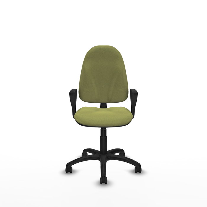 Silla de oficina Algarra con mecanismo Contacto permanente básico tapizada con Tela color Verde oliva. Equipada con Base poliamida negra, Brazos fijos y Ruedas autofrenantes