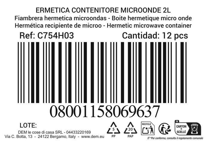 Dem Fiambrera Hermética Rectangular de 2 L Apta para Microondas (12 Unidades)