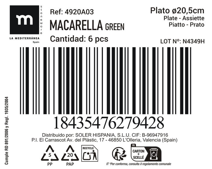La Mediterranea Plato "Macarella Green" 20,5 cm de diametro - Plato de postre o ensalada (24 Unidades)
