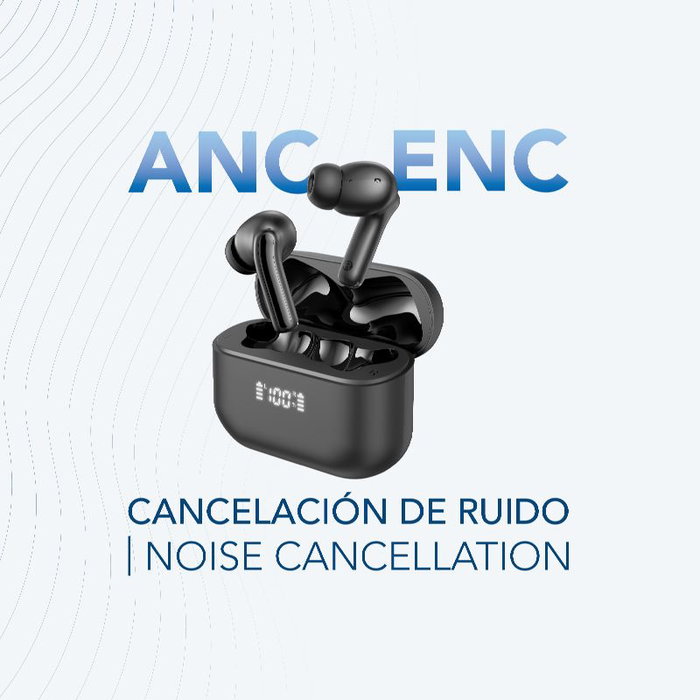 Daewoo Auriculares TWS Inalámbricos Bluetooth 5.4 Negro, Cancelación Activa de Ruido (ANC) y ENC, Pantalla Nivel de Carga, 35mAh auricular, 450mAh estuche