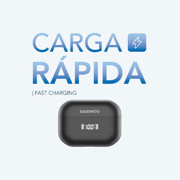 Daewoo Auriculares TWS Inalámbricos Bluetooth 5.4 Negro, Cancelación Activa de Ruido (ANC) y ENC, Pantalla Nivel de Carga, 35mAh auricular, 450mAh estuche