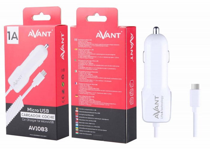 Avant Connect Cargador de Coche 1A Blanco con Cable Micro USB Espiral