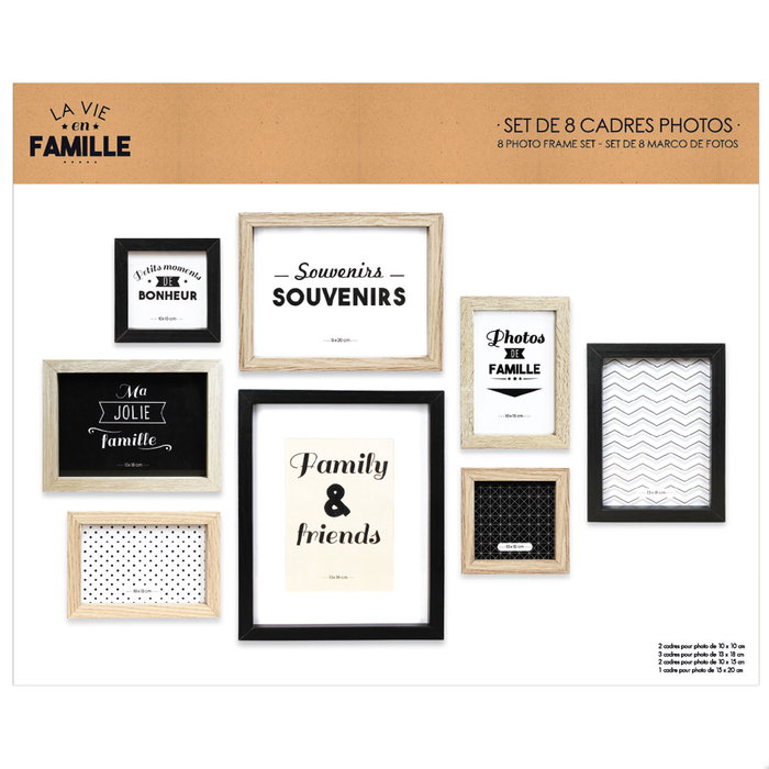 Home Deco Factory Essentiel Juego de 8 Marcos de Fotos para Pared Negro Madera 15x20 cm 13x18 cm 10x15 cm 10x10 cm