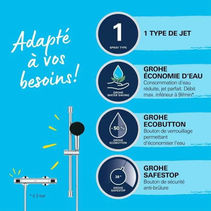 Grohe 34800001 Conjunto de Ducha con Mezclador Termostático, Rociador 1 Chorro, Barra 60cm, Flexo, Ahorro de Agua - Cromo