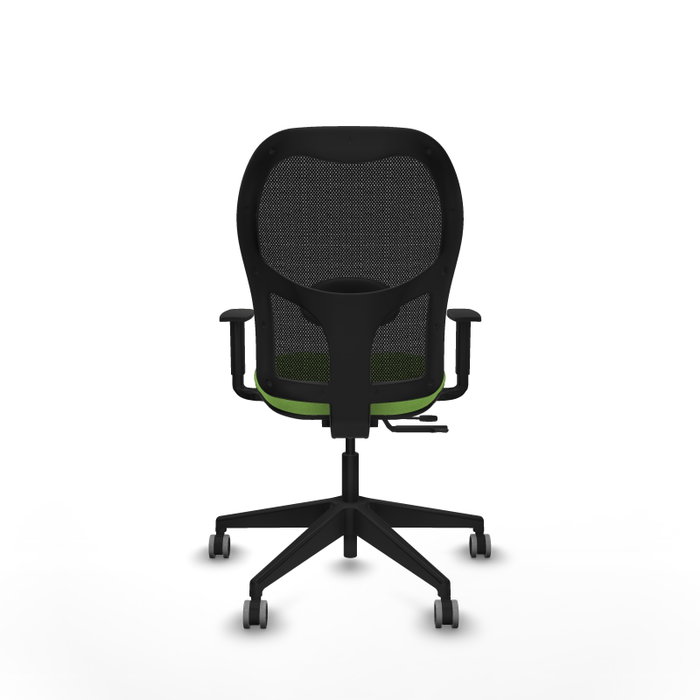 Silla de oficina Alocén con mecanismo Sincro/Traslack tapizada con Tela color Pistacho y malla color Negro. Equipada con lumbar 1D, Brazos 1D y Ruedas 65 mm parqué