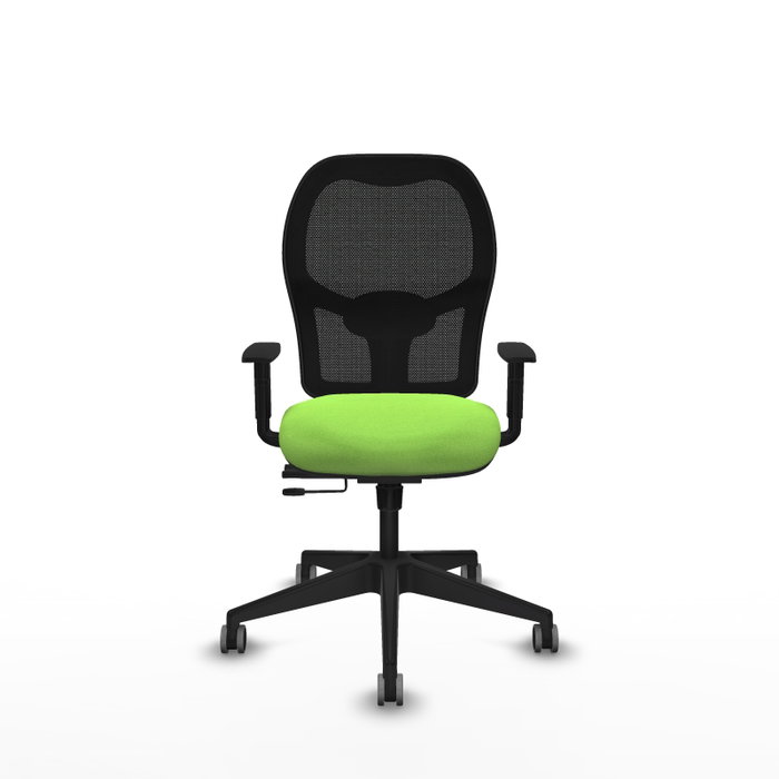 Silla de oficina Alocén con mecanismo Sincro/Traslack tapizada con Tela color Pistacho y malla color Negro. Equipada con lumbar 1D, Brazos 1D y Ruedas 65 mm parqué