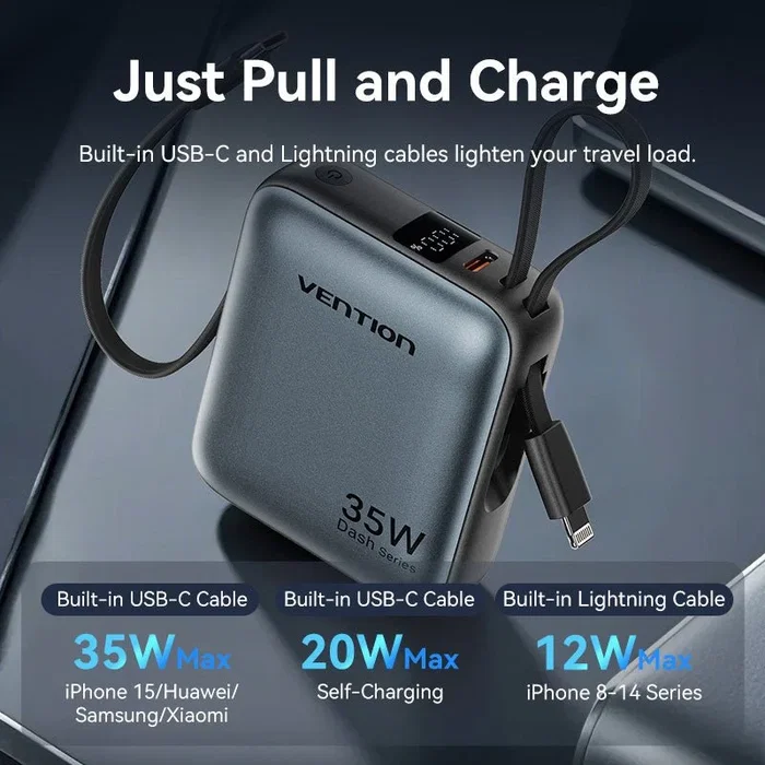 Vention Powerbank FHFN0 10000 mAh 35 W Gris con Cables USB-C y Lightning