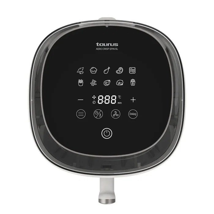Taurus Aero Crisp Spin 6L Freidora de Aire sin Aceite con Tecnología ActiFry, 1550W, 10 Programas, Temporizador 60 min, Ventana 360°, Capacidad 6L, Color Blanco