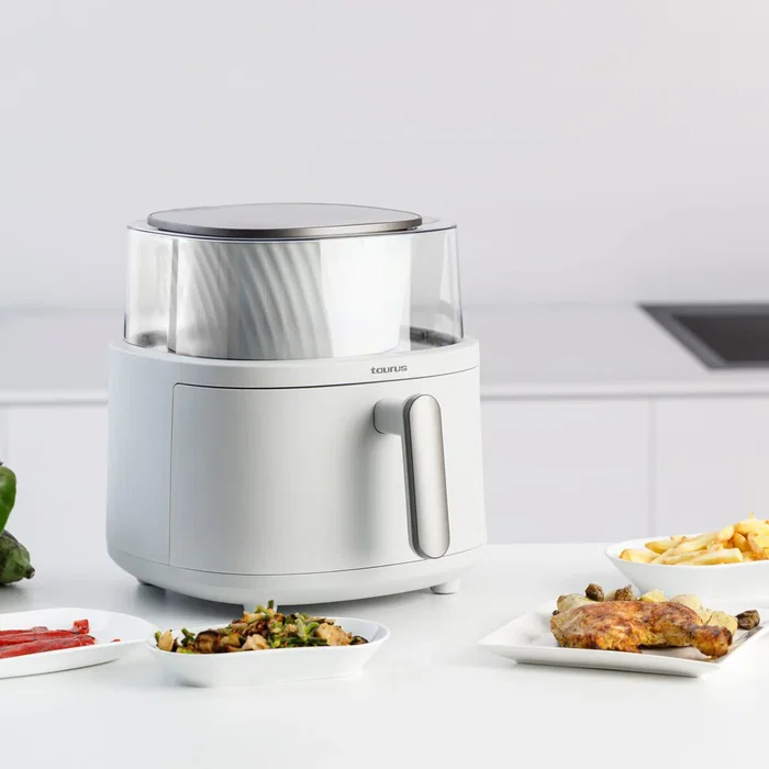 Taurus Aero Crisp Spin 6L Freidora de Aire sin Aceite con Tecnología ActiFry, 1550W, 10 Programas, Temporizador 60 min, Ventana 360°, Capacidad 6L, Color Blanco