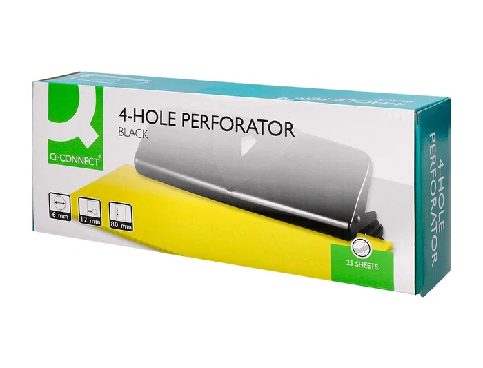 Q-connect Perforadora Q-KF01238 4 Agujeros con Regleta, Apertura 1.6mm, Capacidad 16 Hojas, Color Negro, Metálico y Plástico, 280x110mm Base