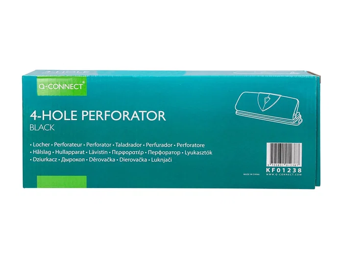 Q-connect Perforadora Q-KF01238 4 Agujeros con Regleta, Apertura 1.6mm, Capacidad 16 Hojas, Color Negro, Metálico y Plástico, 280x110mm Base