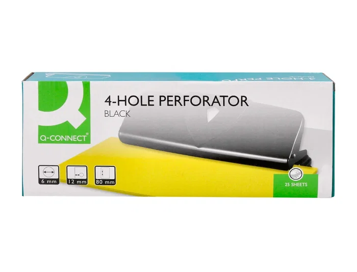 Q-connect Perforadora Q-KF01238 4 Agujeros con Regleta, Apertura 1.6mm, Capacidad 16 Hojas, Color Negro, Metálico y Plástico, 280x110mm Base