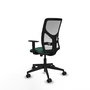 Silla de oficina Motilla con mecanismo Sincro tapizada con Tela color Verde botella y malla color Blanco. Equipada con lumbar 1D, Brazos 1D y Ruedas 65mm nailon