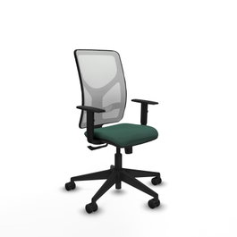 Silla de oficina Motilla con mecanismo Sincro tapizada con Tela color Verde botella y malla color Blanco. Equipada con lumbar 1D, Brazos 1D y Ruedas 65mm nailon