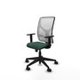 Silla de oficina Motilla con mecanismo Sincro tapizada con Tela color Verde botella y malla color Blanco. Equipada con lumbar 1D, Brazos 1D y Ruedas 65mm nailon